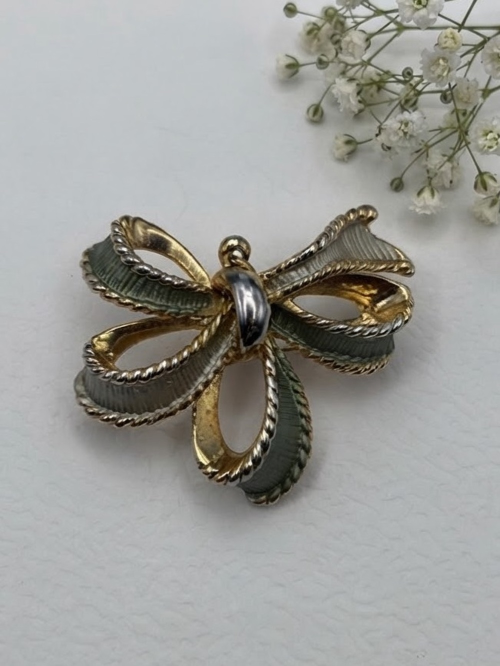 Vintage Tricolor Enamel Bow Brooch Pendant Pin Gold Silver Sage Green